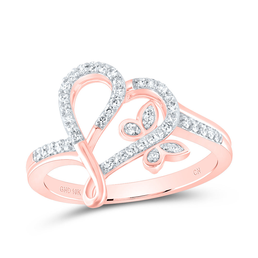 10kt Rose Gold 1/5 Cttw Natural Diamond Butterfly Heart Wedding Engagement Anniversary Ring, Women Size: 5-9