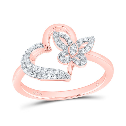 10kt Rose Gold 1/5 Cttw Natural Diamond Butterfly Heart Wedding Engagement Anniversary Ring, Women Size: 5-9