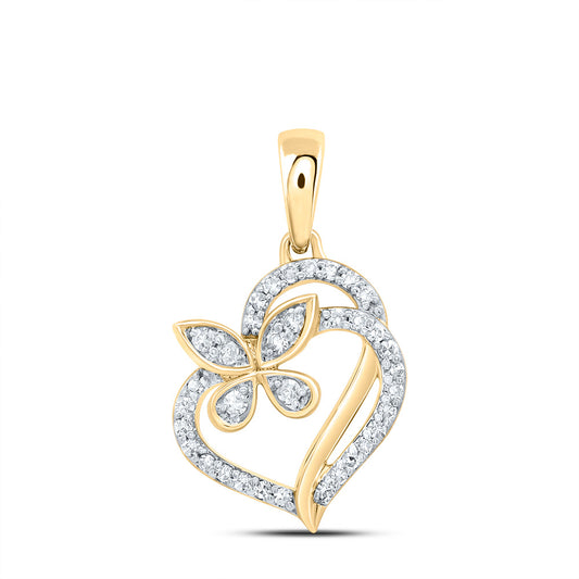 10kt Yellow Gold 1/8 Cttw Natural Diamond Butterfly Heart Pendant
