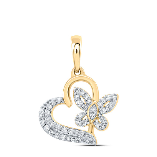 10kt Yellow Gold 1/8 Cttw Natural Diamond Butterfly Heart Pendant