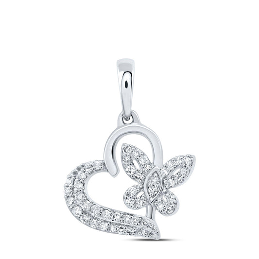 10kt White Gold 1/8 Cttw Natural Diamond Butterfly Heart Pendant