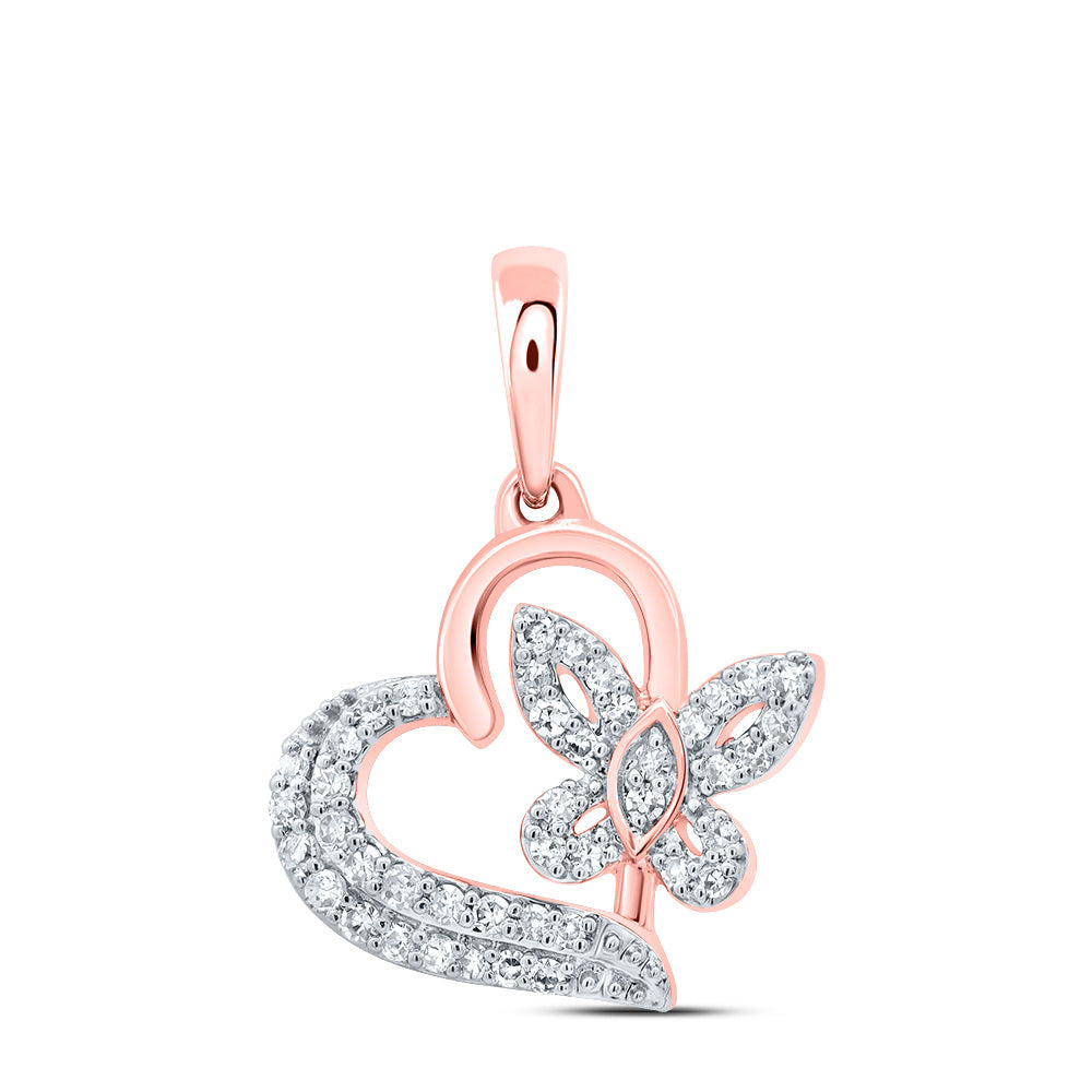 10kt Rose Gold 1/8 Cttw Natural Diamond Butterfly Heart Pendant
