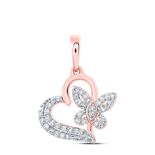 10kt Rose Gold 1/8 Cttw Natural Diamond Butterfly Heart Pendant