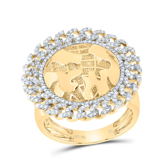 10kt Yellow Gold 3/4 Cttw Natural Diamond Globe Cuban Mens Ring, Men Size: 8-12