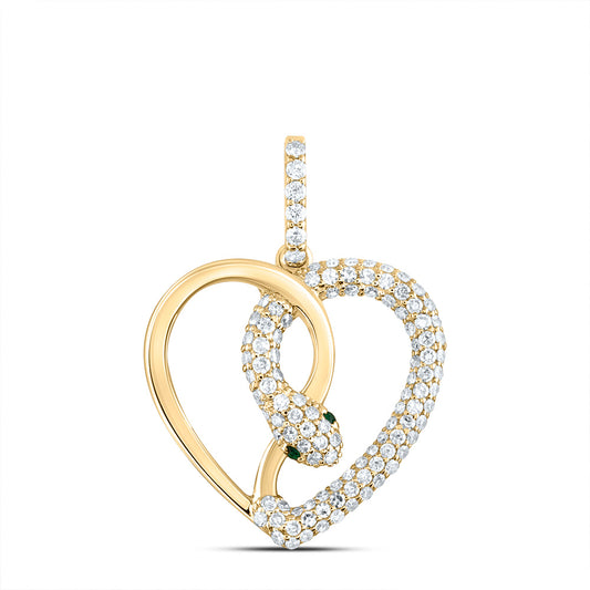 14kt Yellow Gold 5/8 Cttw Natural Diamond 0.014 Cttw Round Emerald Natural Gem Snake Heart Pendant