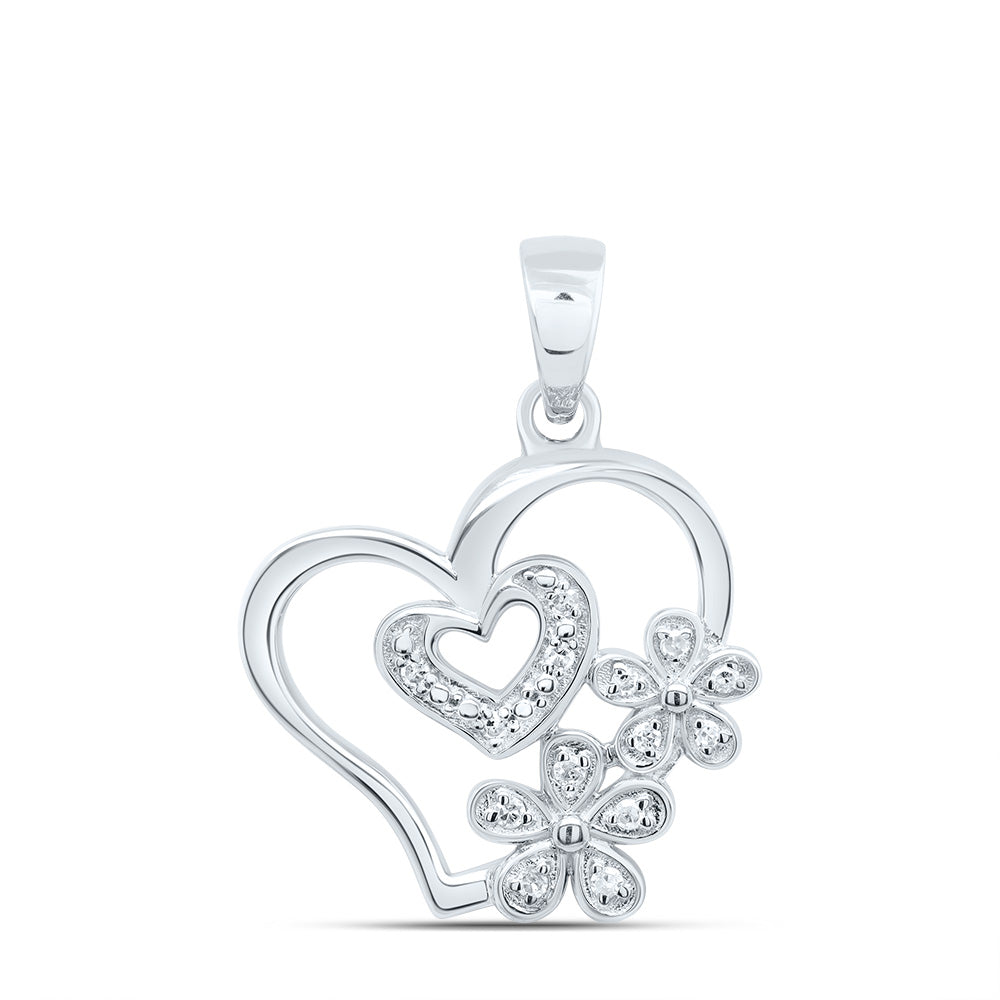 10kt White Gold 1/20 Cttw Natural Diamond Flower Heart Pendant