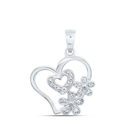 10kt White Gold 1/20 Cttw Natural Diamond Flower Heart Pendant