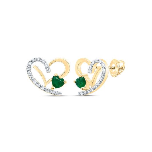 14kt Yellow Gold 1/8 Cttw Natural Diamond 3.5x3.5mm  Heart Emerald Natural Gem Heart Stud Earring