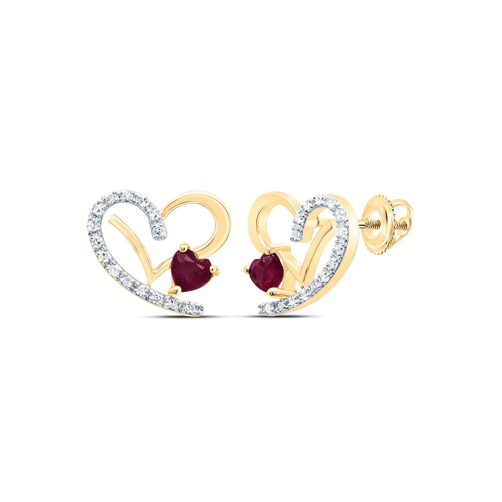 14kt Yellow Gold 1/8 Cttw Natural Diamond 3.5x3.5mm Hs Ruby Natural Gem Heart Stud Earring