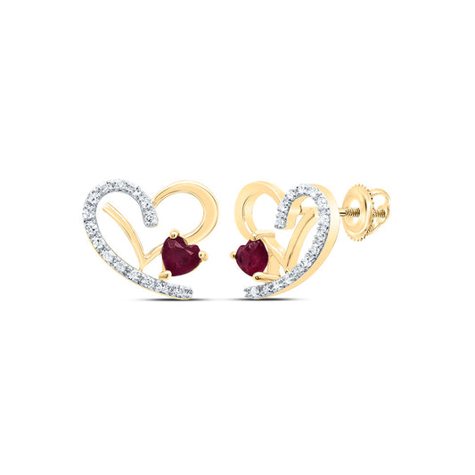 14kt Yellow Gold 1/8 Cttw Natural Diamond 3.5x3.5mm Hs Ruby Natural Gem Heart Stud Earring
