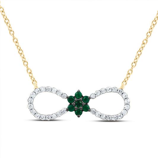 10kt Yellow Gold 1/8 Cttw Natural Diamond and 1/12 Cttw Round Emerald Natural Gem Infinity Necklace, Length: 18 Inch