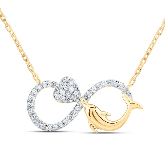 10kt Yellow Gold 1/10 Cttw Natural Diamond Infinity Dolphin Heart Necklace, Length: 18 Inch