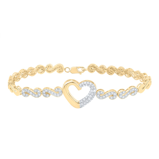 10kt Yellow Gold 1 Cttw Natural Diamond Fashion Heart Bracelet, Length: 7 Inch