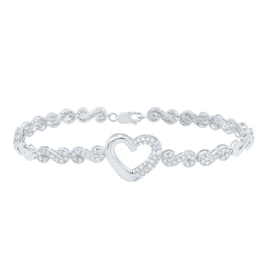 10kt White Gold 1 Cttw Natural Diamond Fashion Heart Bracelet, Length: 7 Inch