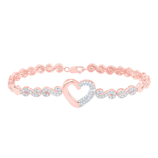 10kt Rose Gold 1 Cttw Natural Diamond Fashion Heart Bracelet, Length: 7 Inch