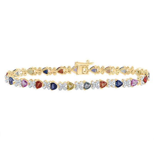 14kt Yellow Gold 3/4 Cttw Natural Diamond 6 Cttw-tri- Natural Gem Multicolor Sapphire Bracelet, Length: 7 Inch