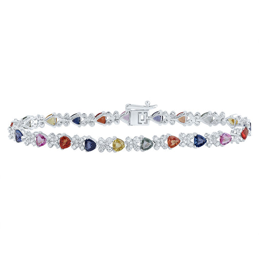 14kt White Gold 3/4 Cttw Natural Diamond 6 Cttw-tri- Natural Gem Multicolor Sapphire Bracelet, Length: 7 Inch