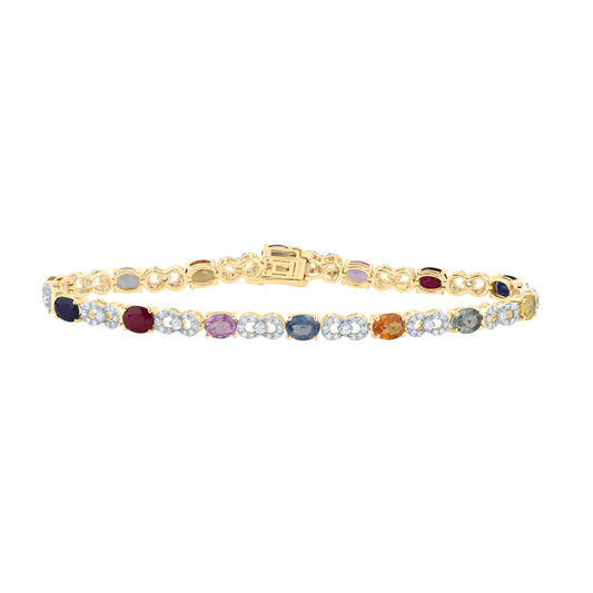 14kt Yellow Gold 7/8 Cttw Natural Diamond 5 3/4 Cttw-ov- Natural Gem Multicolor Sapphire Bracelet, Length: 7 Inch