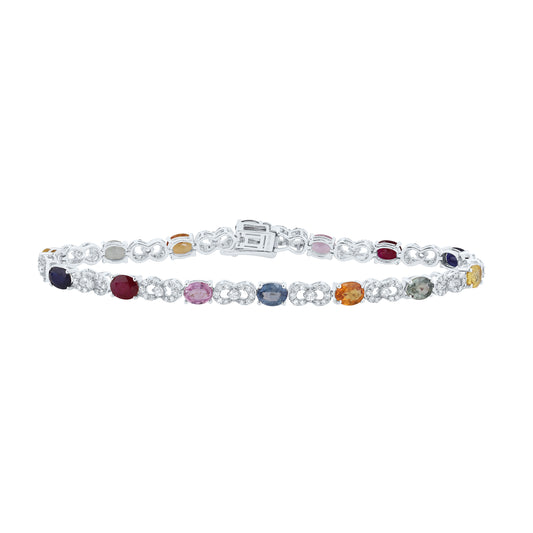 14kt White Gold 7/8 Cttw Natural Diamond 5 3/4 Cttw-ov- Natural Gem Multicolor Sapphire Bracelet, Length: 7 Inch