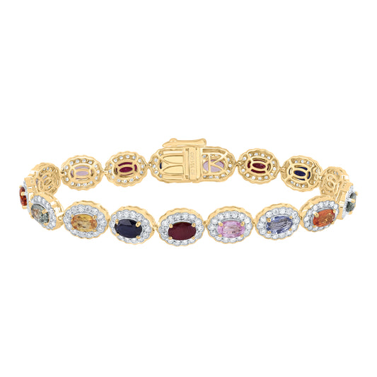 14kt Yellow Gold 2 1/4 Cttw Natural Diamond 9 1/5 Cttw-ov- Natural Gem Multicolor Sapphire Bracelet, Length: 7 Inch