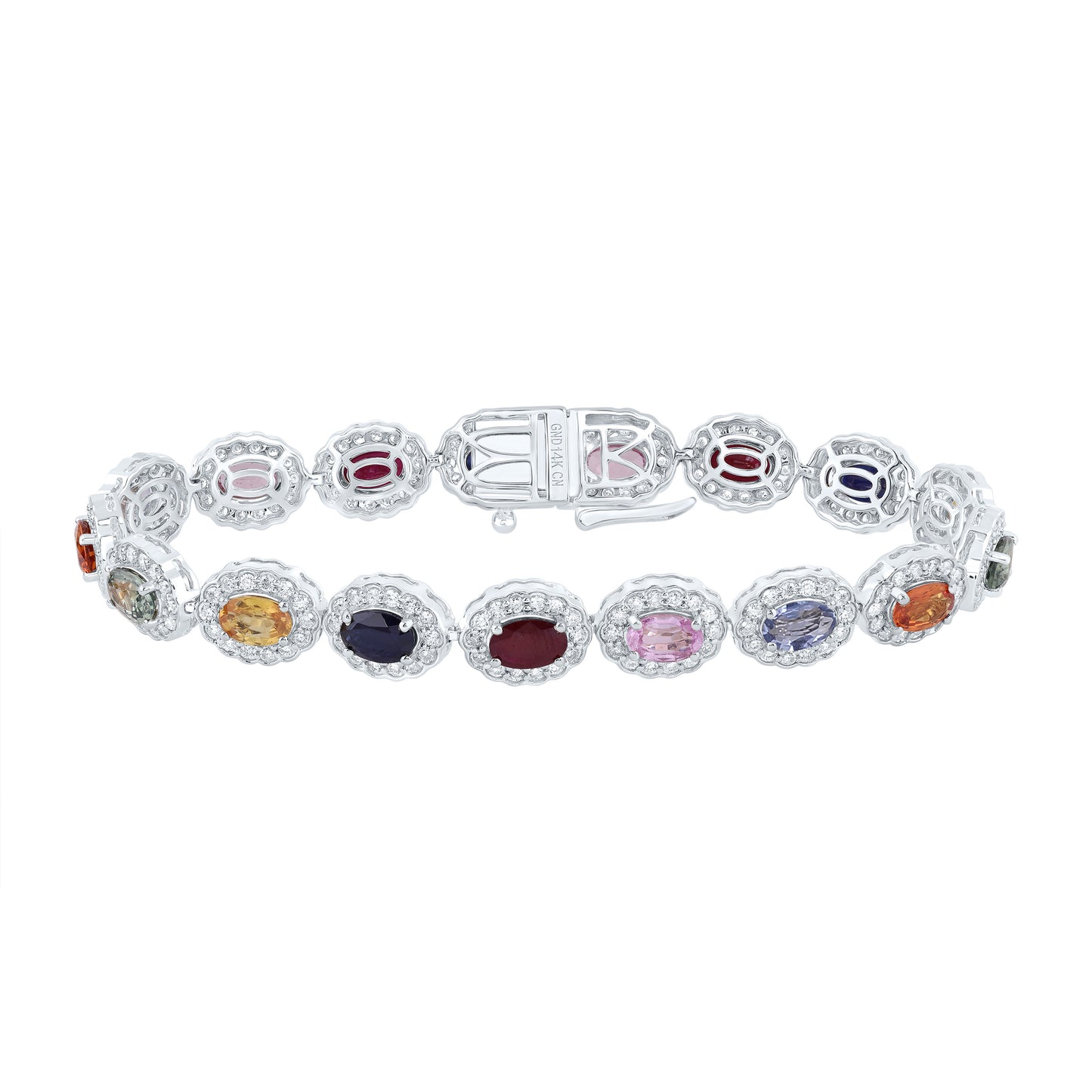 14kt White Gold 2 1/4 Cttw Natural Diamond 9 1/5 Cttw-ov- Natural Gem Multicolor Sapphire Bracelet, Length: 7 Inch