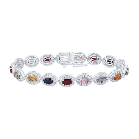 14kt White Gold 2 1/4 Cttw Natural Diamond 9 1/5 Cttw-ov- Natural Gem Multicolor Sapphire Bracelet, Length: 7 Inch