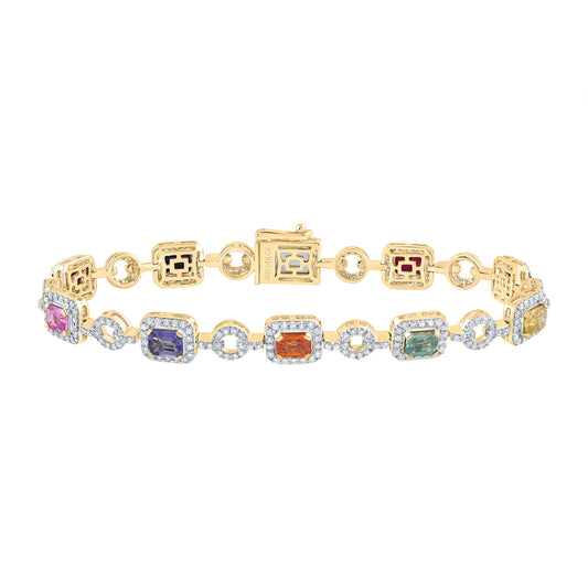 14kt Yellow Gold 1 7/8 Cttw Natural Diamond 5 Cttw Oct- Natural Gem Multicolor Sapphire Bracelet, Length: 7 Inch