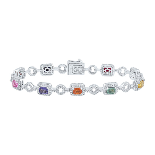 14kt White Gold 1 7/8 Cttw Natural Diamond 5 Cttw Oct- Natural Gem Multicolor Sapphire Bracelet, Length: 7 Inch