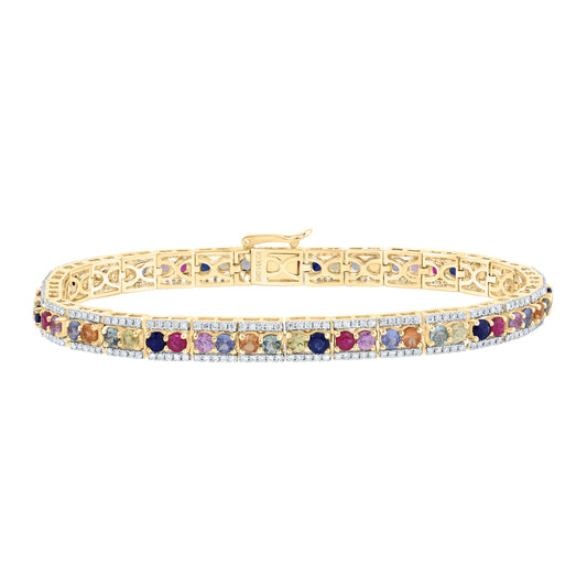 14kt Yellow Gold 1 1/5 Cttw Natural Diamond 5 Cttw Round Natural Gem Multicolor Sapphire Bracelet, Length: 7 Inch