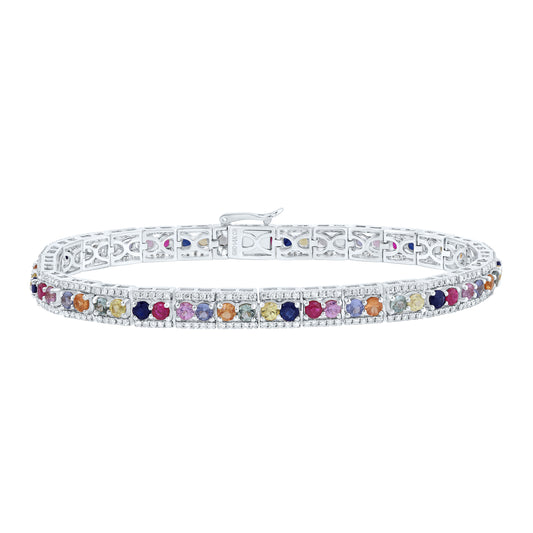 14kt White Gold 1 1/5 Cttw Natural Diamond 5 Cttw Round Natural Gem Multicolor Sapphire Bracelet, Length: 7 Inch