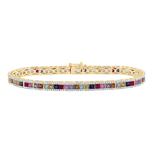 14kt Yellow Gold 1 1/5 Cttw Natural Diamond 9 Cttw- Pr- Natural Gem Multicolor Sapphire Bracelet, Length: 7 Inch