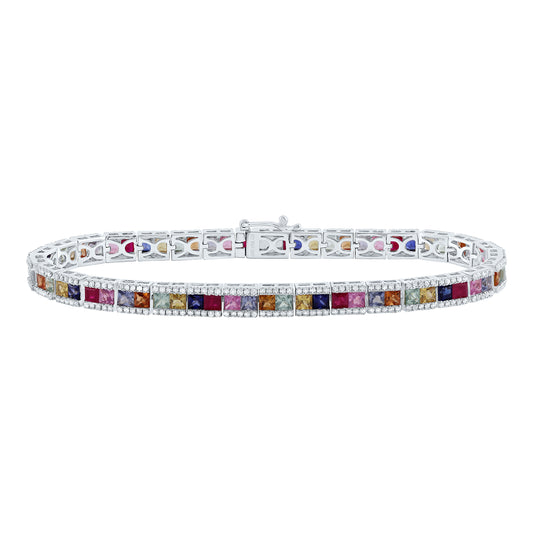 14kt White Gold 1 1/5 Cttw Natural Diamond 9 Cttw- Pr- Natural Gem Multicolor Sapphire Bracelet, Length: 7 Inch