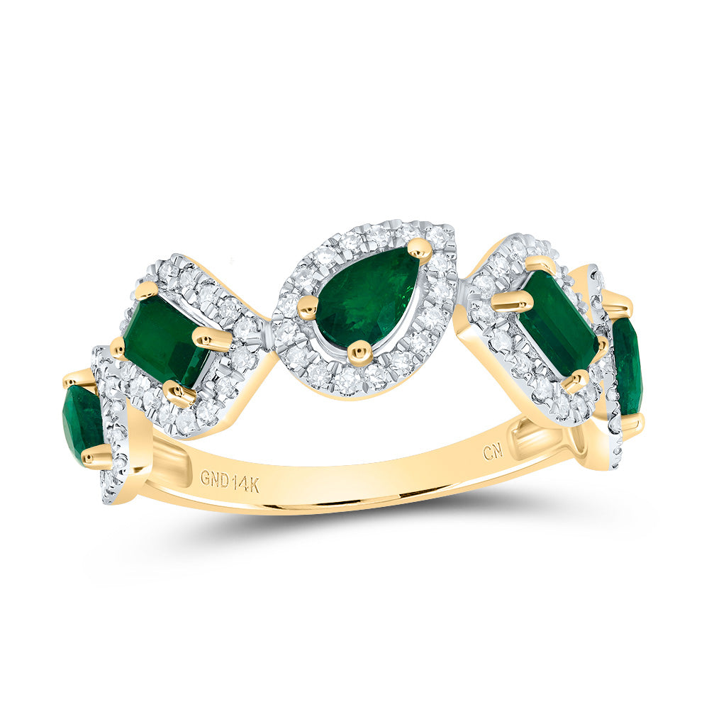 14kt Yellow Gold 1/3 Cttw Natural Diamond and 1/2 Cttw Pear Emerald 1/3 Cttw Emerald Emerald Natural Gem Bridal Wedding Engagement Anniversary Ring, Women Size: 5-9