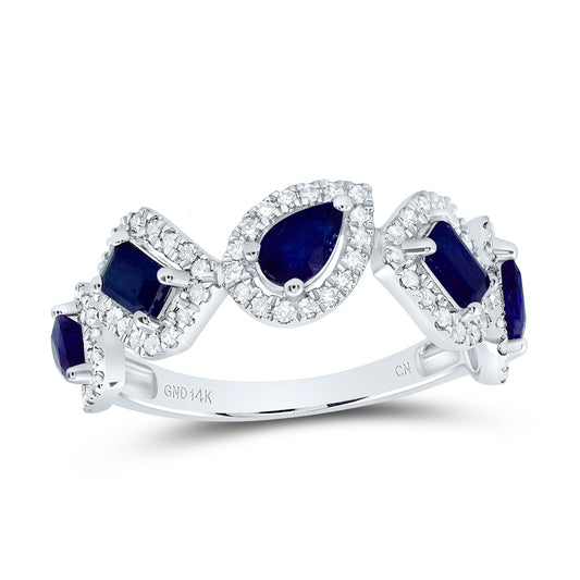 14kt White Gold 1/3 Cttw Natural Diamond 3/4 Cttw Pear Blue Sapphire 1/2 Cttw Emerald Blue Sapphire Natural Gem Bridal Wedding Engagement Anniversary Ring, Women Size: 5-9