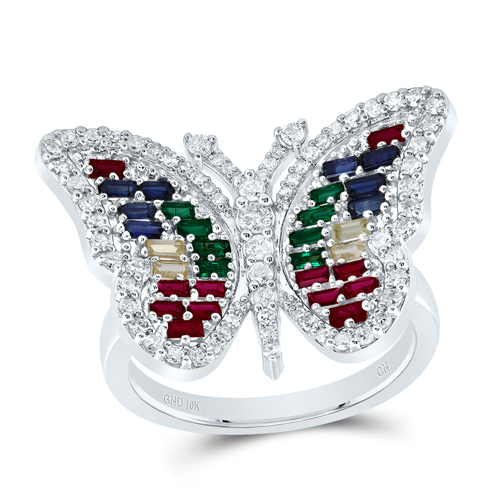 10kt White Gold 1/2 Cttw Natural Diamond 3/4 Cttw Bag Natural Gem Multicolor Sapphire Wedding Engagement Anniversary Butterfly Ring, Women Size: 5-9