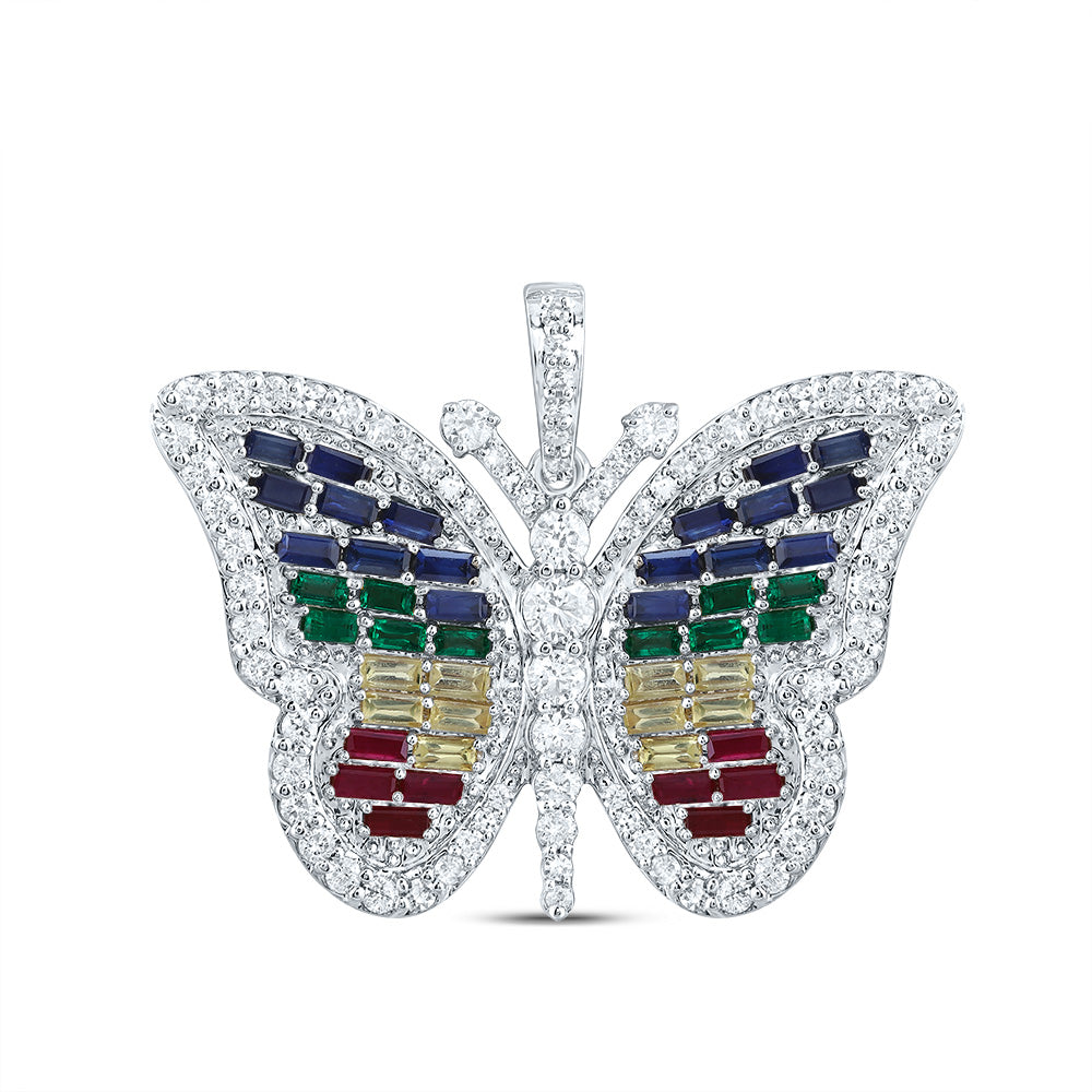 14kt White Gold 3/4 Cttw Diamond and 1 1/2 Cttw Ag Natural Gem Multicolor Sapphire Butterfly Pendant