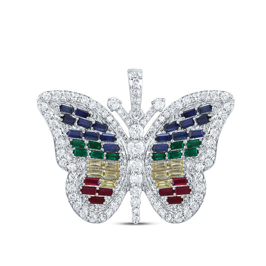 14kt White Gold 3/4 Cttw Diamond and 1 1/2 Cttw Ag Natural Gem Multicolor Sapphire Butterfly Pendant
