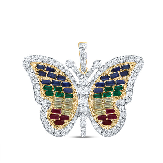 14kt Yellow Gold 3/4 Cttw Natural Diamond and 1 1/2 Cttw Bag Natural Gem Multicolor Sapphire Butterfly Pendant