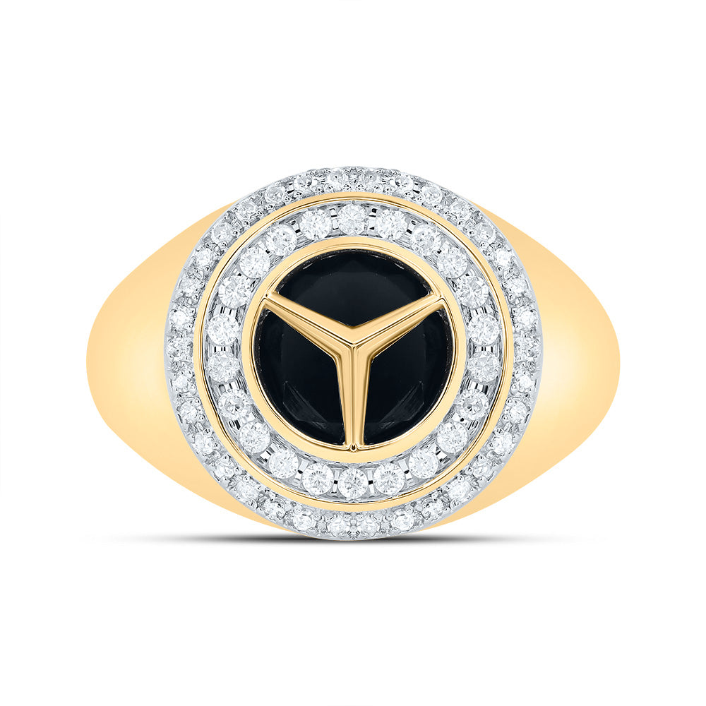10kt Yellow Gold 1/3 Cttw Natural Diamond 10 Mm Round Onyx Black Mens Ring, Men Size: 8-12