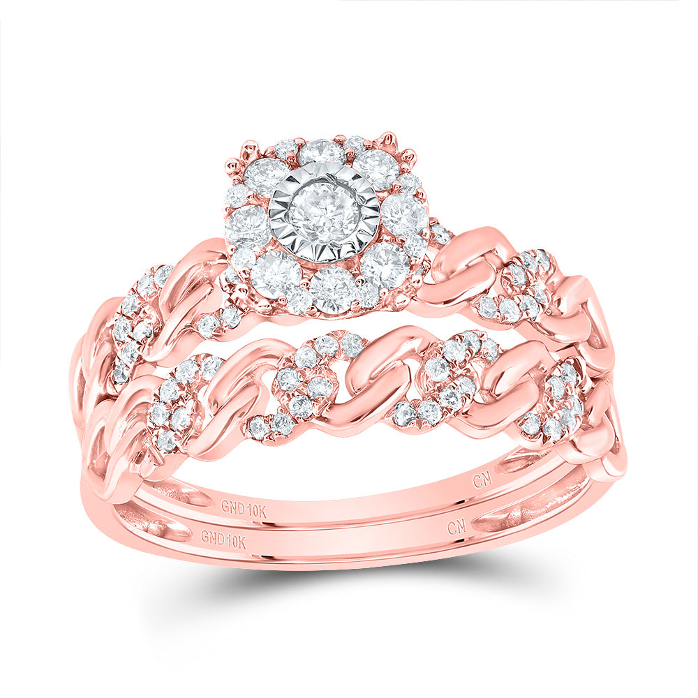 10kt Rose Gold His & Hers 1/2 Cttw Natural Diamond Cuban Fashion Bridal Wedding Ring Band Set, Women Size: 5-9, Men Size: 8-12