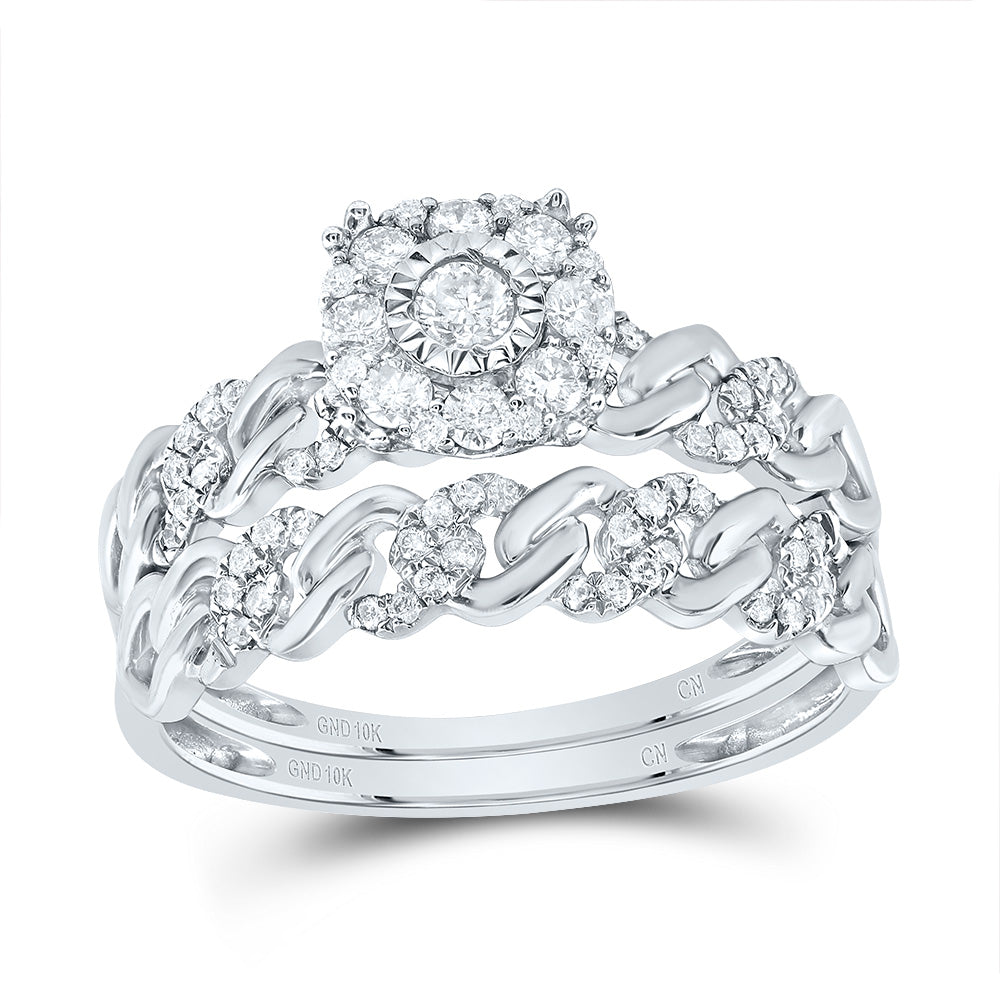 10kt White Gold His & Hers 1/2 Cttw Natural Diamond Cuban Fashion Bridal Wedding Ring Band Set, Women Size: 5-9, Men Size: 8-12