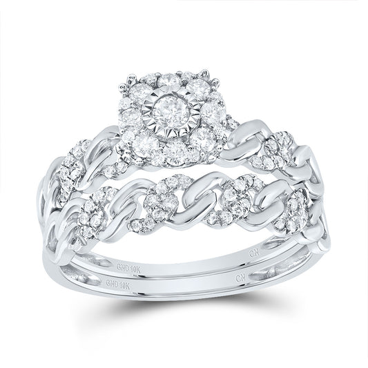 10kt White Gold His & Hers 1/2 Cttw Natural Diamond Cuban Fashion Bridal Wedding Ring Band Set, Women Size: 5-9, Men Size: 8-12