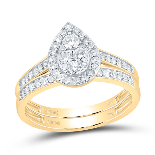 10kt Yellow Gold His & Hers 1 Cttw Natural Diamond Pear Bridal Wedding Ring Band Set, Women Size: 5-9, Men Size: 8-12