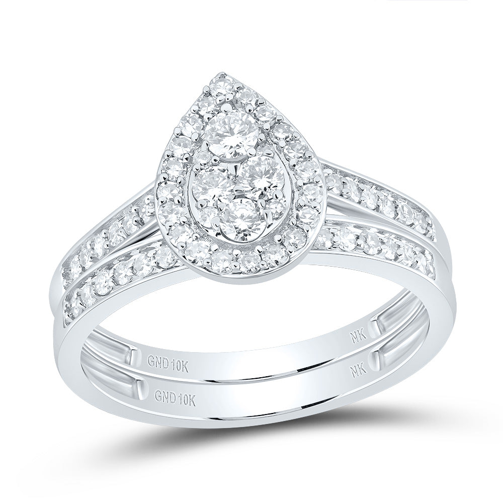 10kt White Gold His & Hers 1 Cttw Natural Diamond Pear Bridal Wedding Ring Band Set, Women Size: 5-9, Men Size: 8-12