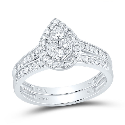 10kt White Gold His & Hers 1 Cttw Natural Diamond Pear Bridal Wedding Ring Band Set, Women Size: 5-9, Men Size: 8-12