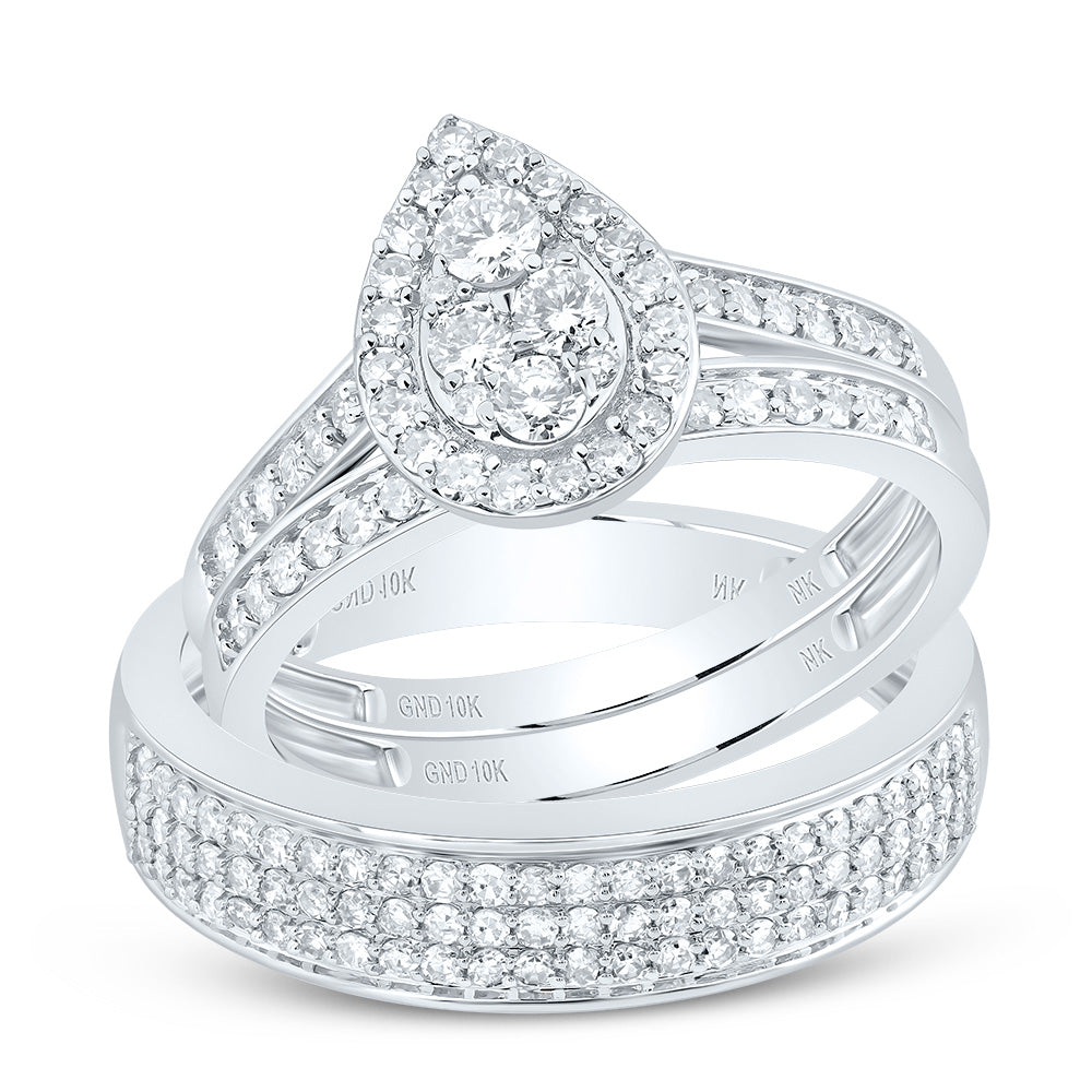 10kt White Gold His & Hers 1 Cttw Natural Diamond Pear Bridal Wedding Ring Band Set, Women Size: 5-9, Men Size: 8-12