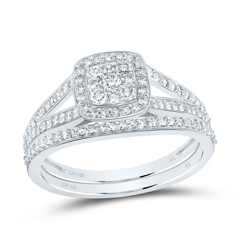10kt White Gold His & Hers 3/4 Cttw Natural Diamond Cushion Bridal Wedding Ring Band Set, Women Size: 5-9, Men Size: 8-12