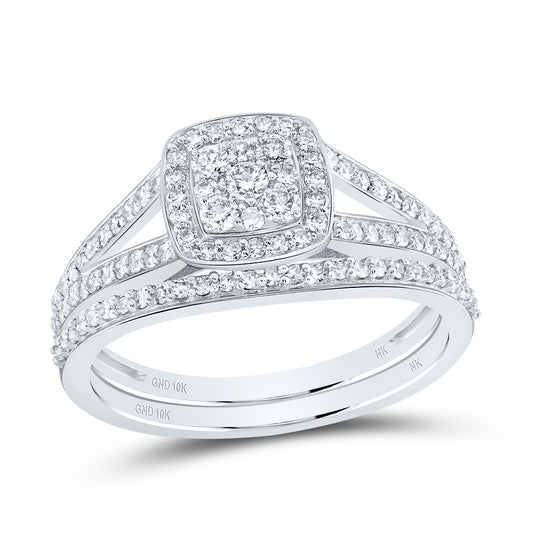 10kt White Gold His & Hers 3/4 Cttw Natural Diamond Cushion Bridal Wedding Ring Band Set, Women Size: 5-9, Men Size: 8-12