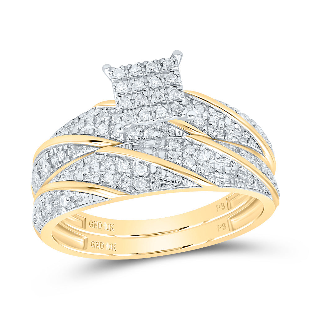 10k Yellow White Gold His & Hers 1/4 Cttw Natural Diamond Square Bridal Wedding Ring Band Set , Women Size: 5-9, Men Size: 8-12