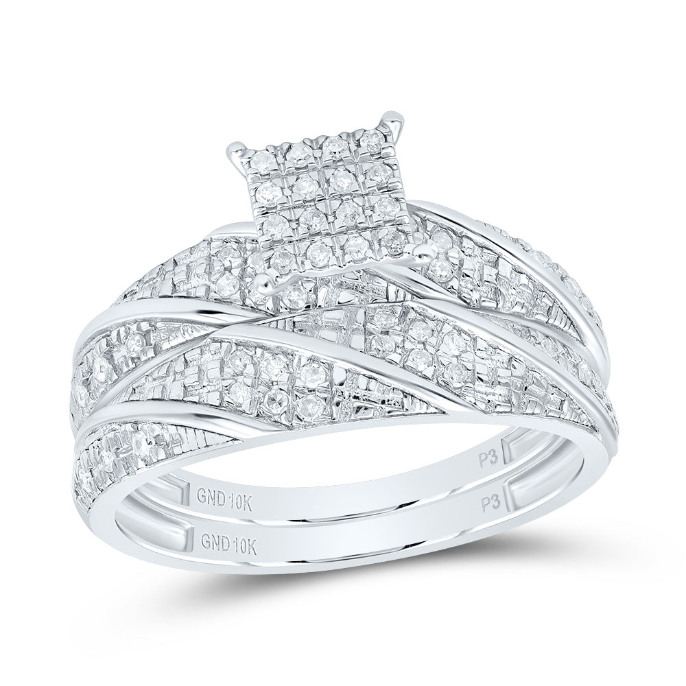 10kt White Gold His & Hers 1/4 Cttw Natural Diamond Square Bridal Wedding Ring Band Set, Women Size: 5-9, Men Size: 8-12